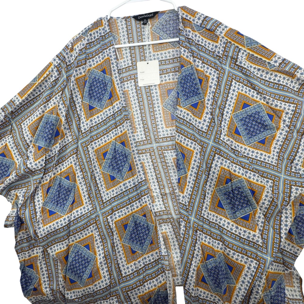 Davi & Dani Kimono Poncho Women 2XL Blue Multi Geometric Tassel Boho light